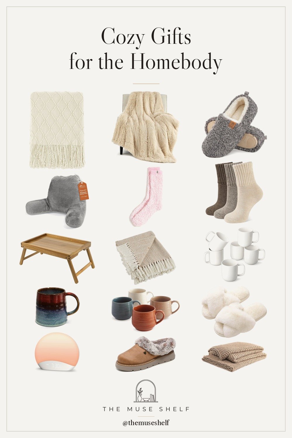 Collage of cozy gifts for the homebody from Amazon: faux fur sherpa throw, knit throws, fluffy slippers, fuzzy socks, reading pillow, acacia bed tray, stoneware mugs and a sunrise alarm clock