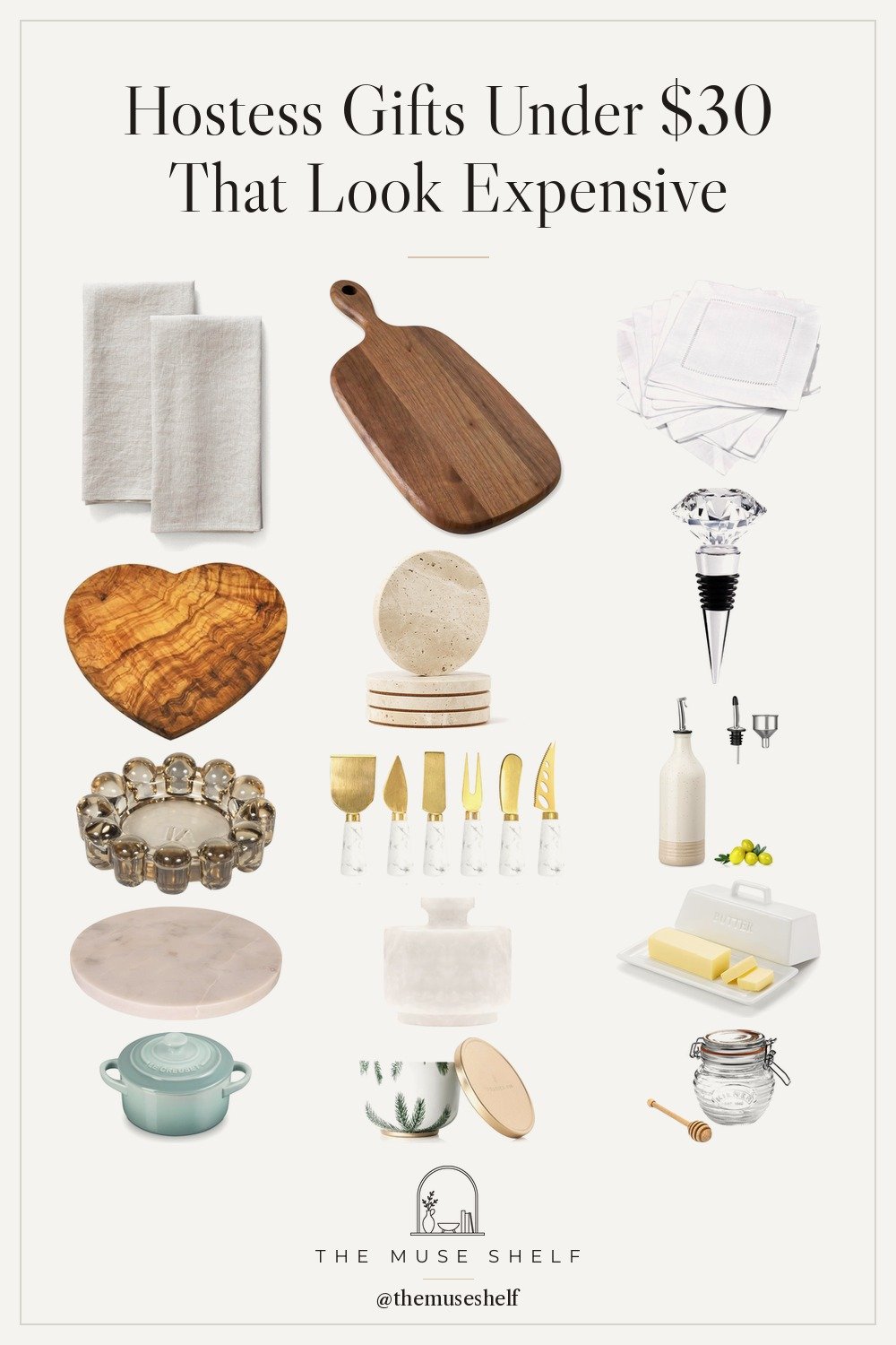 Collage of affordable hostess gifts from Amazon: marble cheese board, marble handle cheese knives, Le Creuset mini cocotte, linen cocktail napkins, glass honey pot and a Thymes candle tin