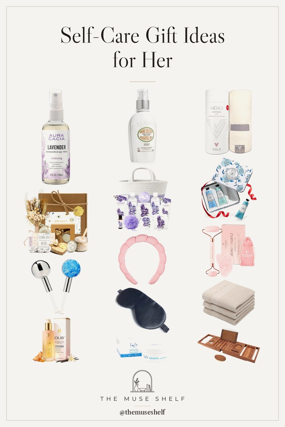 Collage of self-care gifts for her from Amazon: teak bathtub tray, silk sleep mask, La Chatelaine hand cream trio, rose quartz roller set, body butter, lavender mist and a spa headband