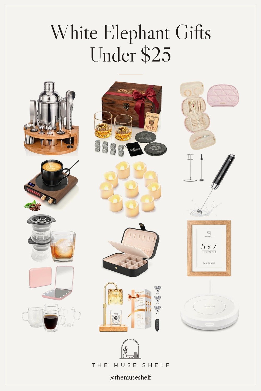 Collage of affordable white elephant gifts from Amazon: candle warmer lamp, whiskey glass gift set, cocktail shaker set, mug warmers, milk frother, glass mugs and a travel jewelry box